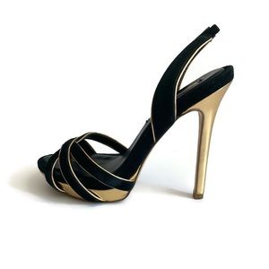 BCBG Max Azaria Formal Black and Gold Stiletto Sandal Size 7